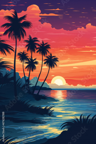 Summer tropical beach landscape background. Exotic paradise beachside on sunset.