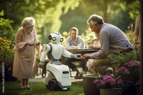 In a serene park setting, elderly folks are aided by caregiver robots, ensuring their mobility and engagement in activities, reflecting the blend of compassion and technology.