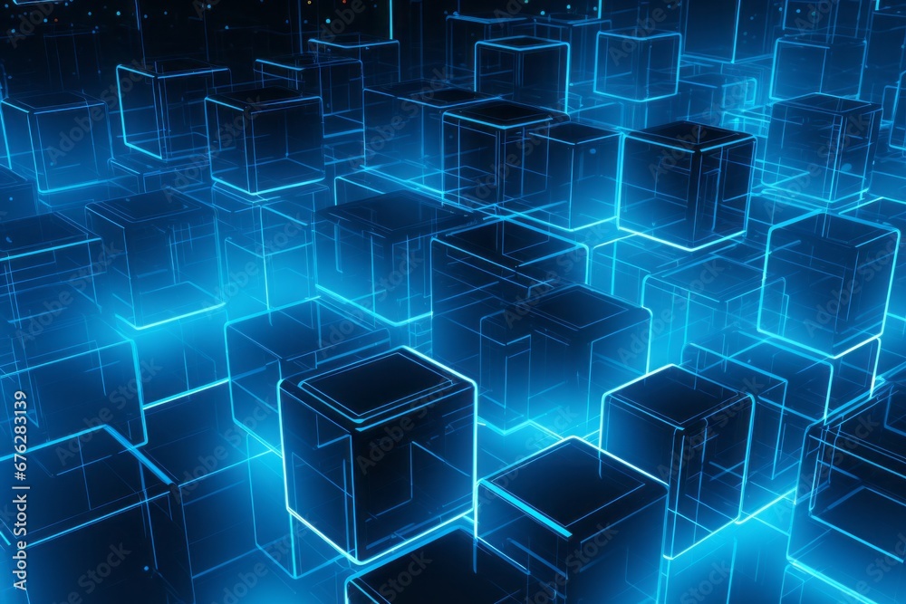 Obraz premium A Cryptic Canvas: Intersecting Blue Cubes in an Abstract Grid Landscape