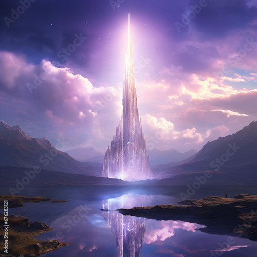 a shimmering otherworldly tower that stretches far beyond the clouds