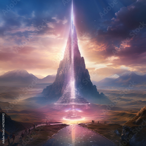 a shimmering otherworldly tower that stretches far beyond the clouds