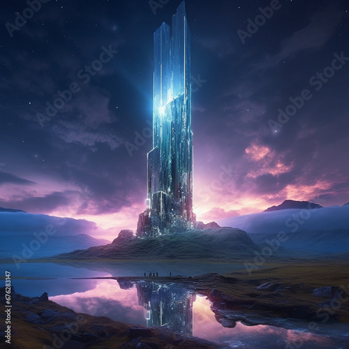 a shimmering otherworldly tower that stretches far beyond the clouds