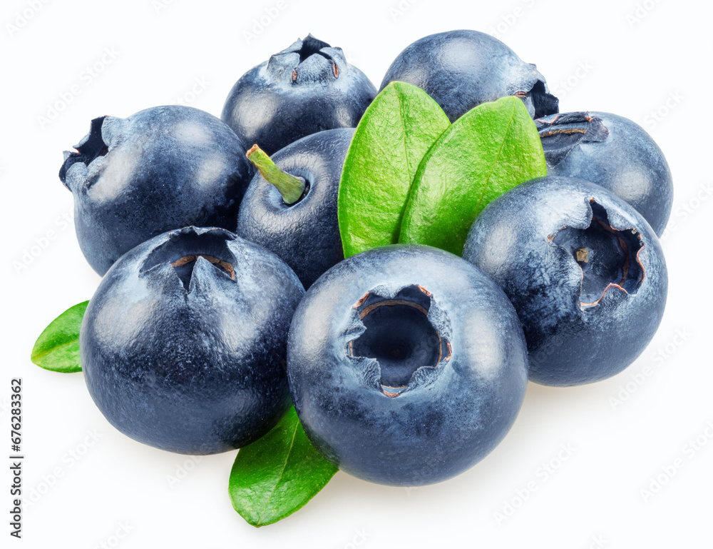 Obraz premium Blueberries with green leaves on white background. Full sharpness for each blueberry. File contains clipping path.