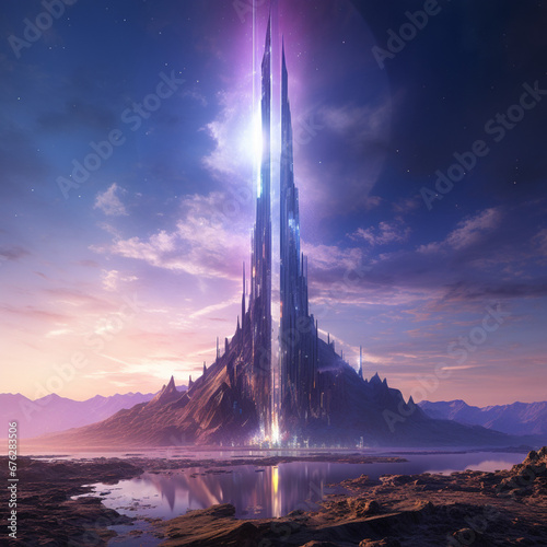 a shimmering otherworldly tower that stretches far beyond the clouds