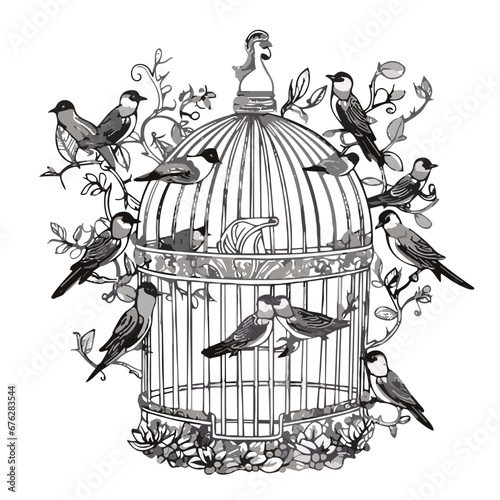 cage, birdcage, bird, isolated, vintage, freedom, prison, empty, bird cage, open, white, gold, metal, antique, jail, silhouette, old, vector, illustration, lock, trapped, 3d, tree, door, animal