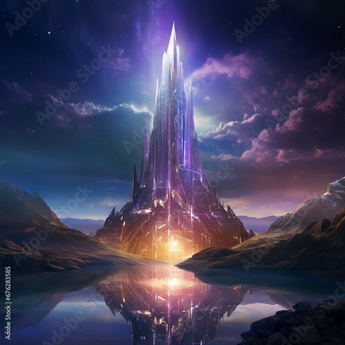 a shimmering otherworldly tower that stretches far beyond the clouds