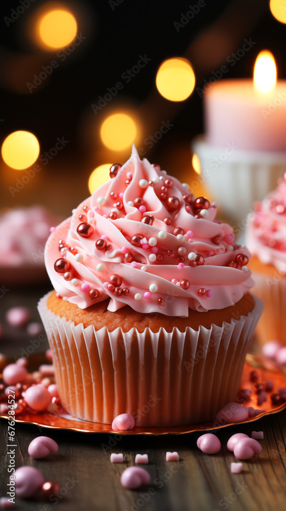 Pink Whipped Cream Cupcakes with Hearts to Celebrate Valentine's Day