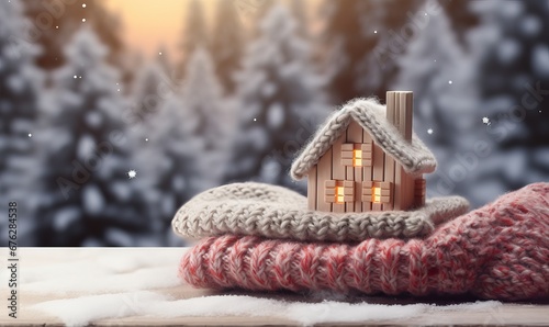 Small Figure of house with knitted scarf against blurred bokeh lights, symbol for heating system or cold snowy winter. Heating season, warm up, home heating, money and energy saving concept