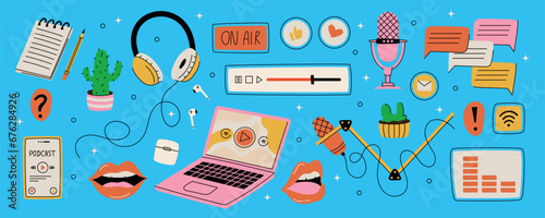 Music podcast. Audio doodle icons. Radio broadcast. Headphones and mic. Education and entertainment. Sound record equipment. Social media. Isolated laptop and smartphone. Vector garish elements set