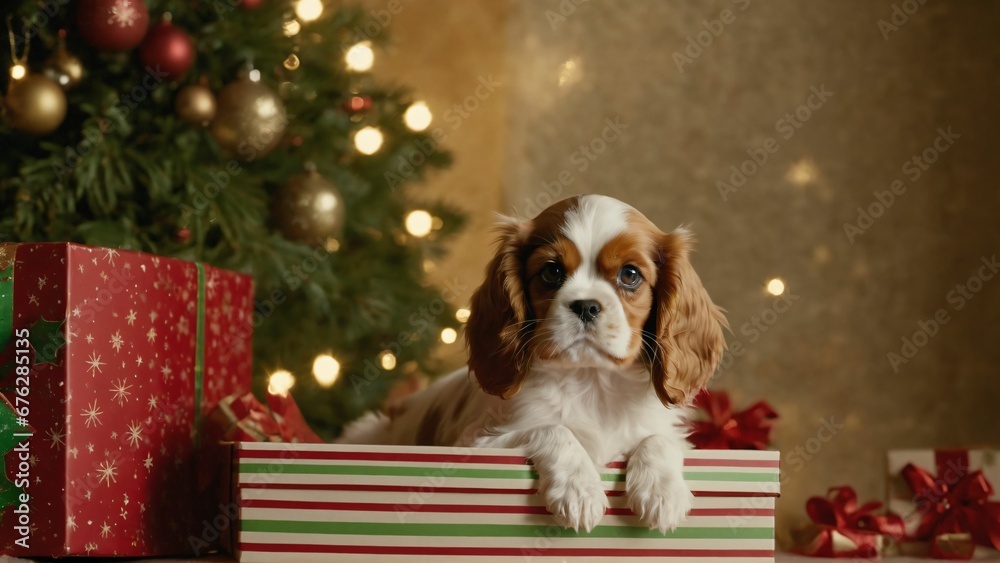 Puppy in a gift box for Christmas, Cute pet in a box, Christmas Background