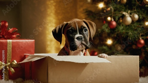 Puppy in a gift box for Christmas, Cute pet in a box, Christmas Background