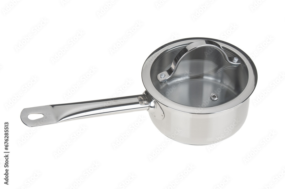 Stainless saucepan with glass lid closeup isolated on white background Stainless saucepan with glass lid closeup isolated on white background
