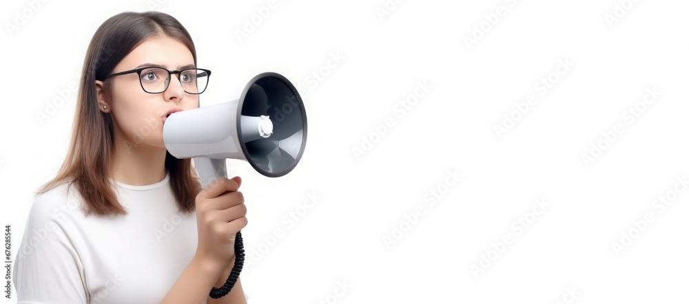 Naklejka premium Girl megaphone speak banner. Person fun loud articulate palm. Generate Ai