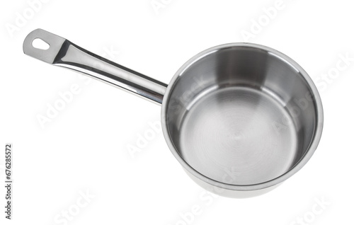 Empty steel saucepan closeup on white background