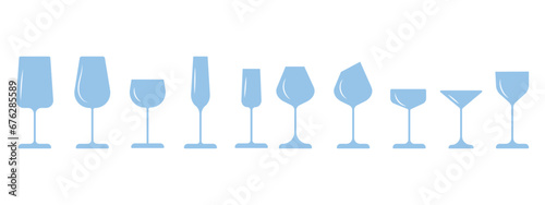 Set of glasses for wine, whiskey, martini, champagne and other alcohol. A set of glasses of different shapes, blue. Vector illustration