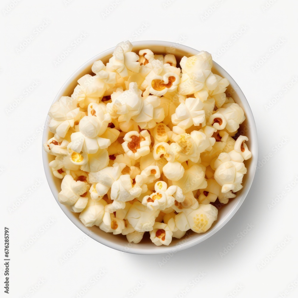 Popcorn in the wooden bowl, isolated on white background, top view. Popcorn in the wooden bowl, isolated on white background, top view.