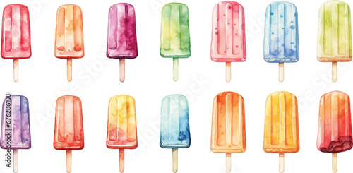 Set of watercolor ice cream sticks on white background.