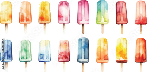 Set of watercolor ice cream sticks on white background.