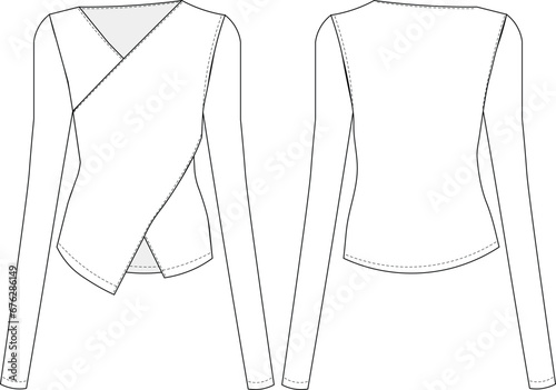 asymmetric v neck long sleeve body con blouse cad technical drawing flat sketch template fashion woman
