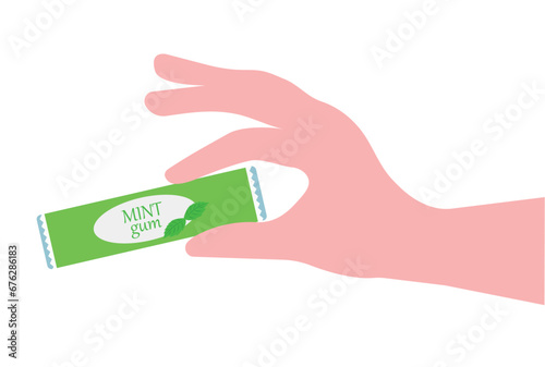 A human hand holds a package of mint chewing gum. Vector illustration, Chewing gum.