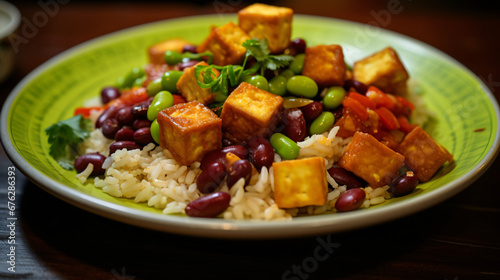 Rice with fried diced tofu Edamame sweetcorn