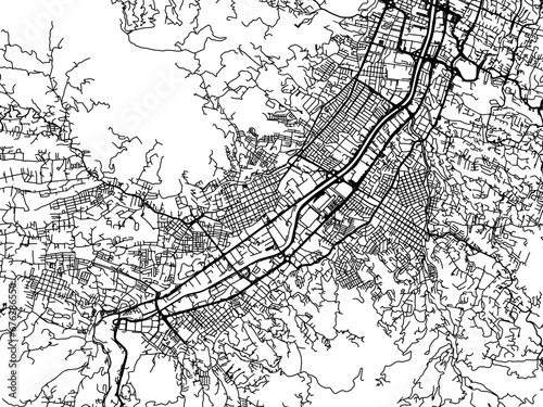 Vector road map of the city of Itaguei in Colombia with black roads on a white background.
