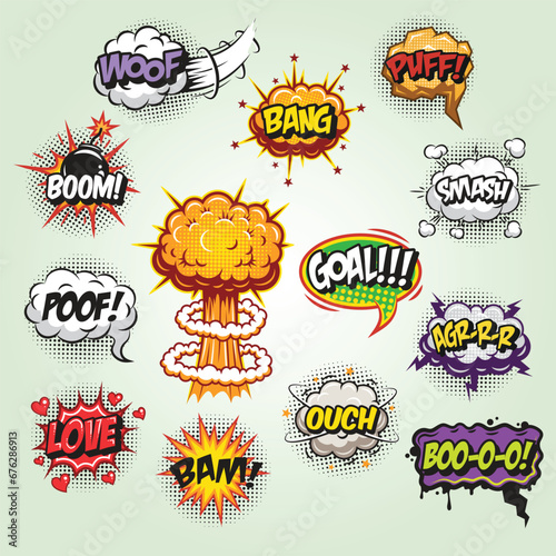 set comics speech explosion bubbles colored with text transparent background