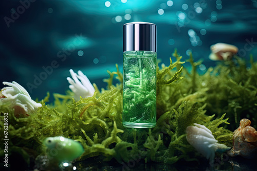 Collagen extract cosmetics of sea plants for product mockup. Algae plant essence with sea water cosmetic bottle with sea salt. Underwater mock up background.