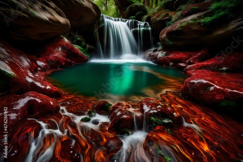 Liquid ambers and liquid maroon cascading like a waterfall into a pool of liquid emerald. photo