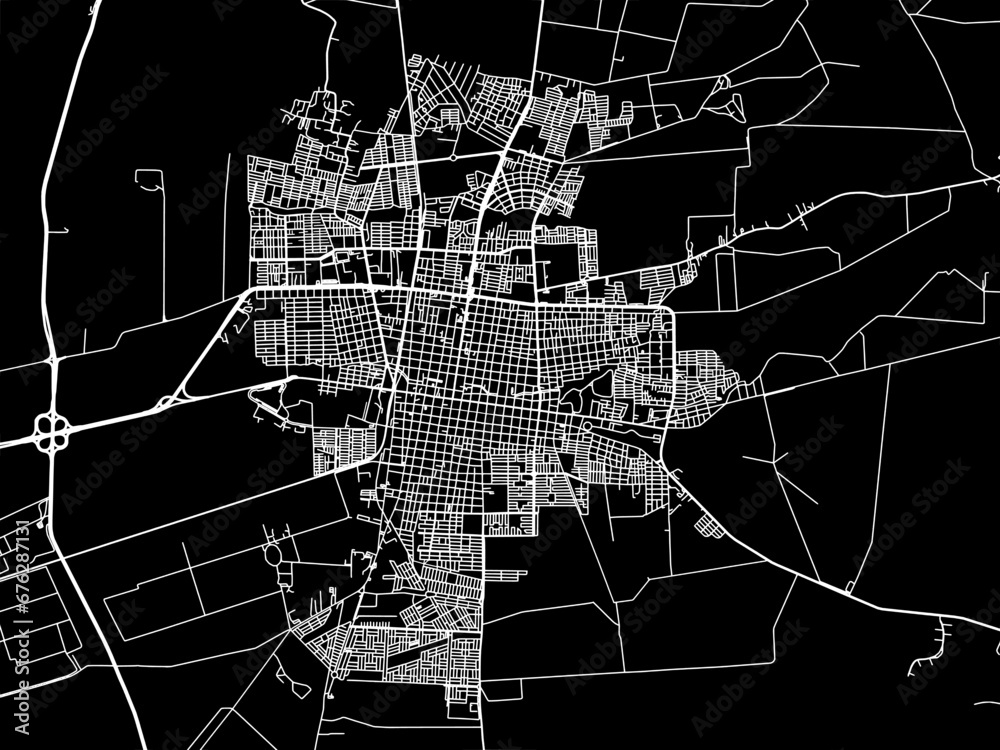 Vector road map of the city of Palmira in Colombia with white roads on a black background.