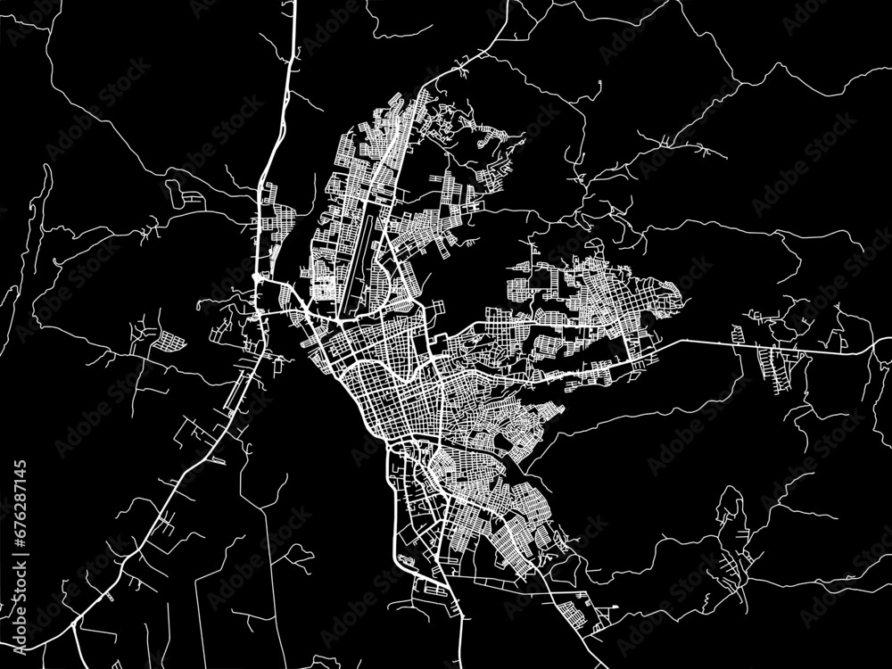 Vector road map of the city of Neiva in Colombia with white roads on a black background.