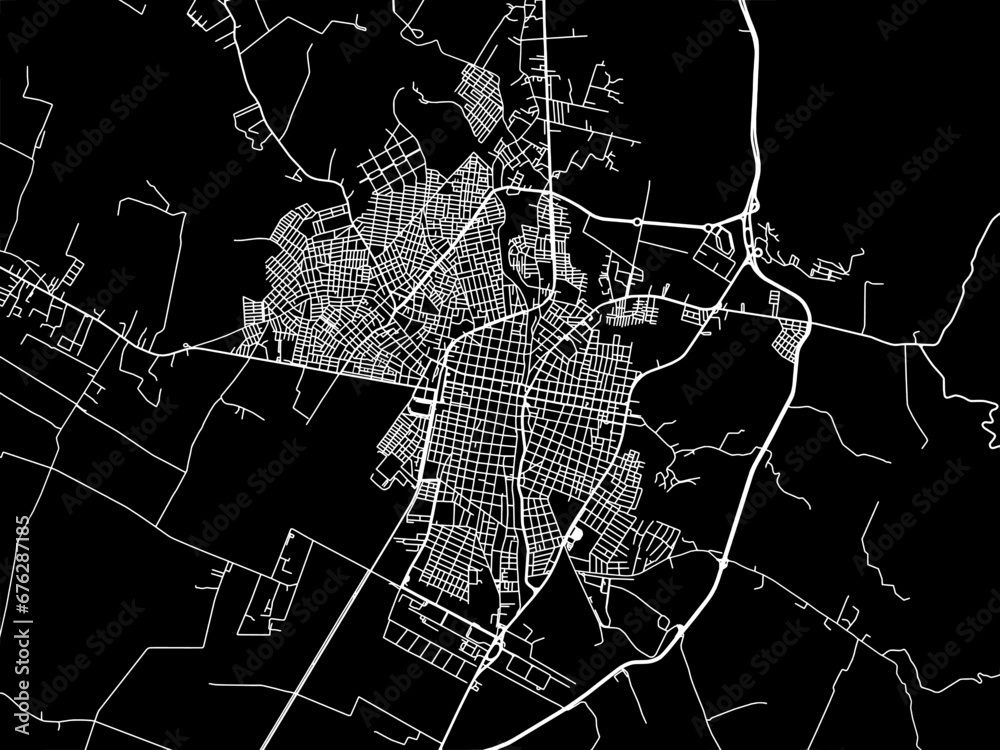 Vector road map of the city of Tulua in Colombia with white roads on a black background.