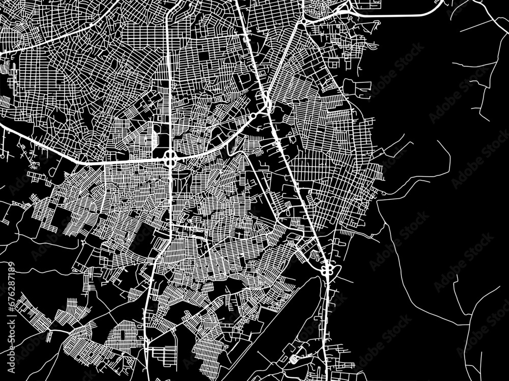 Vector road map of the city of Soledad in Colombia with white roads on a black background.
