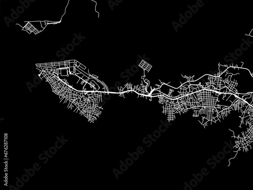 Vector road map of the city of Buenaventura in Colombia with white roads on a black background.