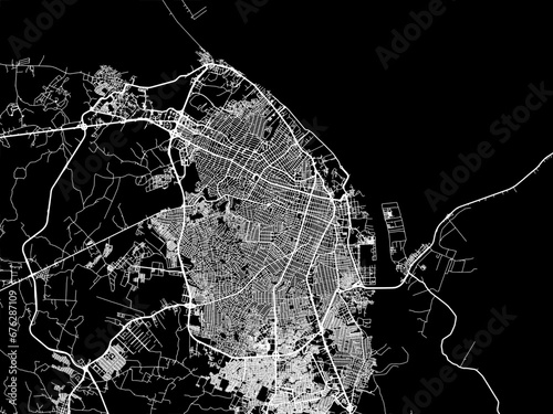 Vector road map of the city of Barranquilla in Colombia with white roads on a black background.