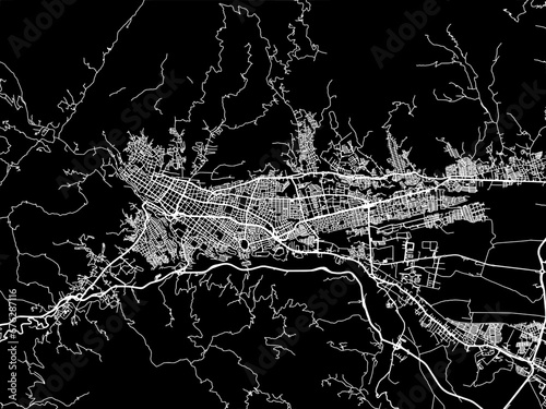Vector road map of the city of Ibague in Colombia with white roads on a black background.