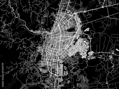 Vector road map of the city of Cali in Colombia with white roads on a black background.