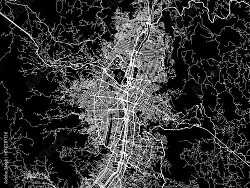Vector road map of the city of Medellin in Colombia with white roads on a black background.
