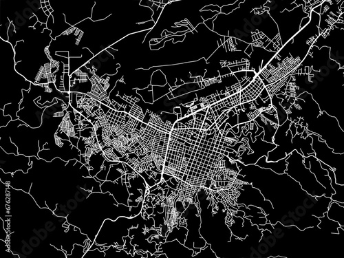 Vector road map of the city of Popayan in Colombia with white roads on a black background.