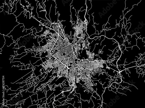 Vector road map of the city of Pasto in Colombia with white roads on a black background.