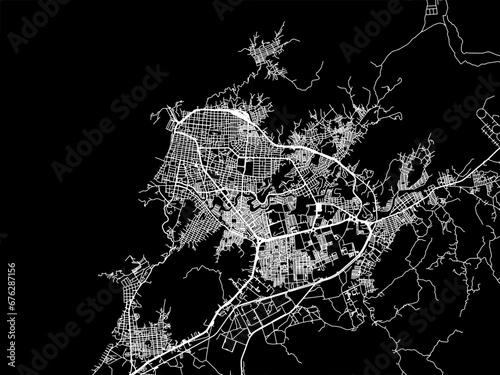 Vector road map of the city of Santa Marta in Colombia with white roads on a black background.