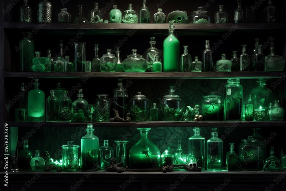 Green potions apothecary shelves. Food chemical art glass bottle. Generate Ai - obrazy, fototapety, plakaty 