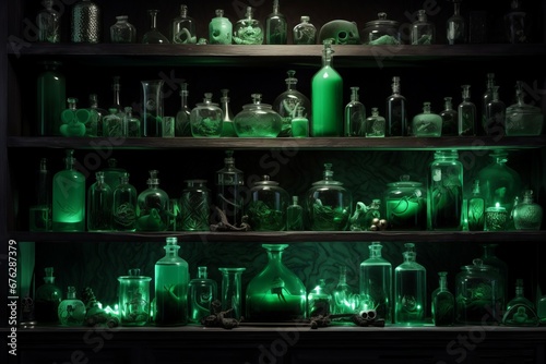 Green potions apothecary shelves. Food chemical art glass bottle. Generate Ai