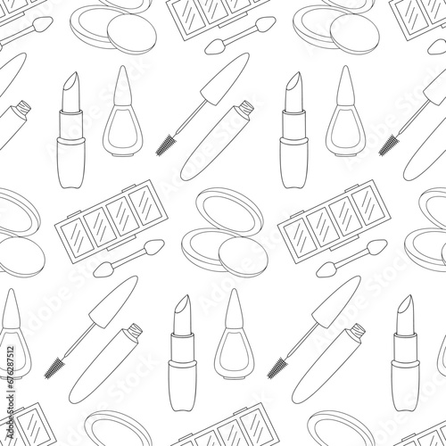 Make up line icons of different cosmetic products. Vector seamless pattern. Black elements on white background.