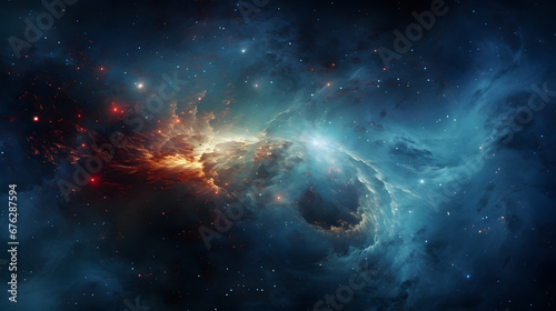 A view from space to a spiral galaxy and stars. Universe filled with stars, nebula and galaxy. Generative Ai. © tfk