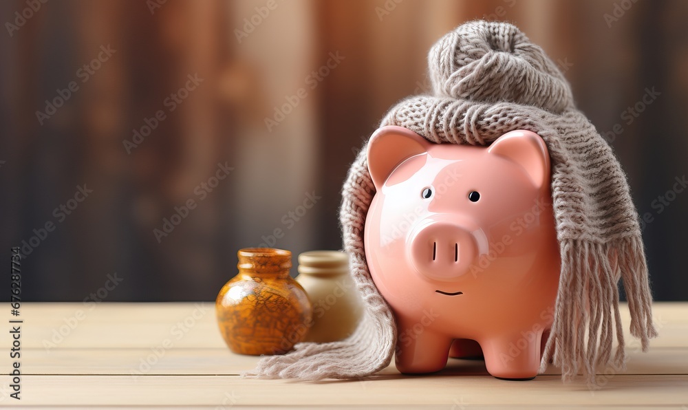 Obraz premium A piggy bank money box wrapped up warm with a scarf. Winter season heating bills, Heat saving, heating prices. Thermal insulation of building or dwelling
