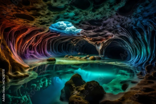 An abstract underwater cave system  with liquid-filled chambers of ever-changing colors