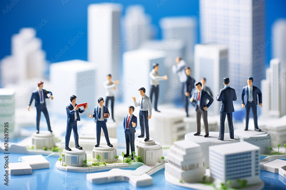 Tiny business figures engage in a focused meeting, showcasing teamwork and collaboration. Ideal for concepts related to teamwork and professional collaboration. Generative AI. Tiny business figures engage in a focused meeting, showcasing teamwork and collaboration. Ideal for concepts related to teamwork and professional collaboration. Generative AI.