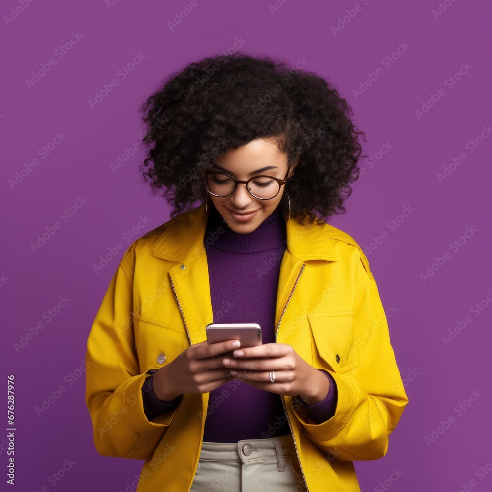 Portrait of attractive cheerful girl using smart phone post isolated over green color background, banner High quality photo Portrait of attractive cheerful girl using smart phone post isolated over green color background, banner High quality photo