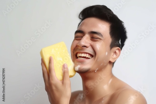 Happy man washing face sponge. Wash soap beauty care natural clean. Generate Ai